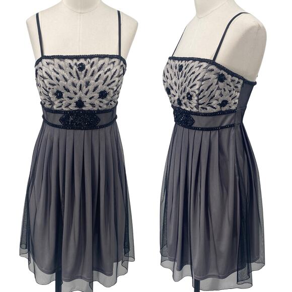 Vintage Y2k Sue Wong Embroidered Beaded Fit & Flare Mini Dress Mesh Gray Black - Picture 1 of 9